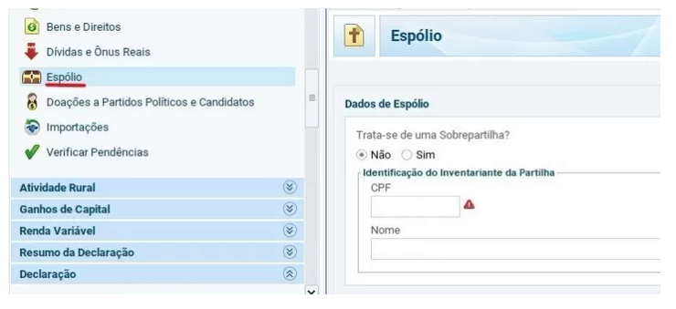 O Campo espólio deve ser preenchido com os dados do inventariante, sendo assim, no menu do lado esquerdo do programa, os campos deverão ser preenchidos com o nome e CPF do inventariante.